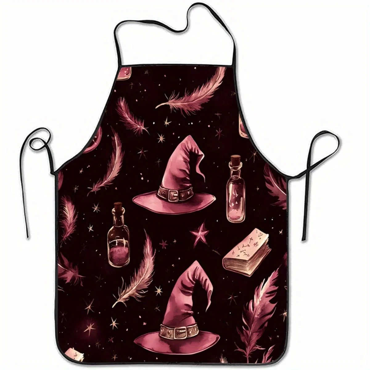 Kitchen Witch Baking - ผ้ากันเปื้อนลายแม่มดและขนนก 1 ชิ้น สีดำแต่งชมพู ผ้าโพลีเอสเตอร์ทนทาน สำหรับทำอาหารและอบขนม